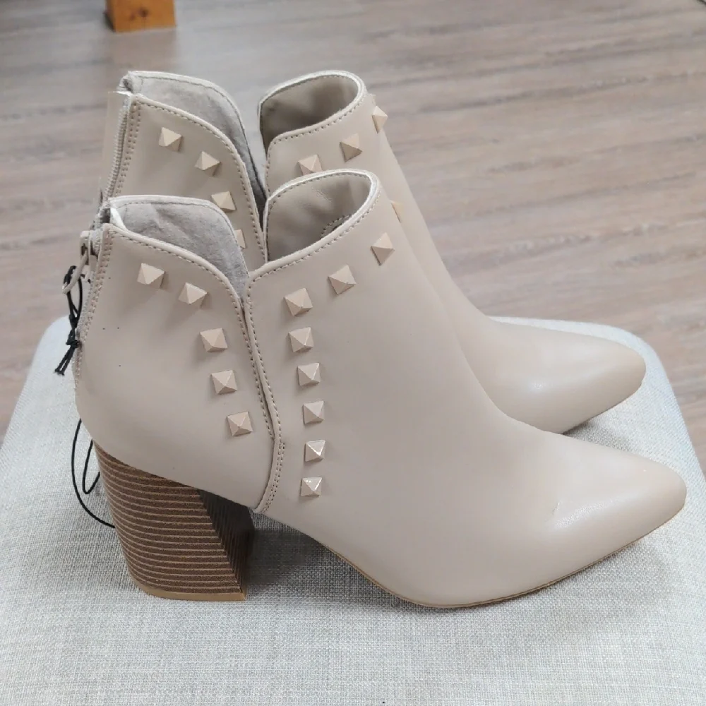 Cream Stiletto Ankle Boots with Gold Studs - Picture 3 of 5